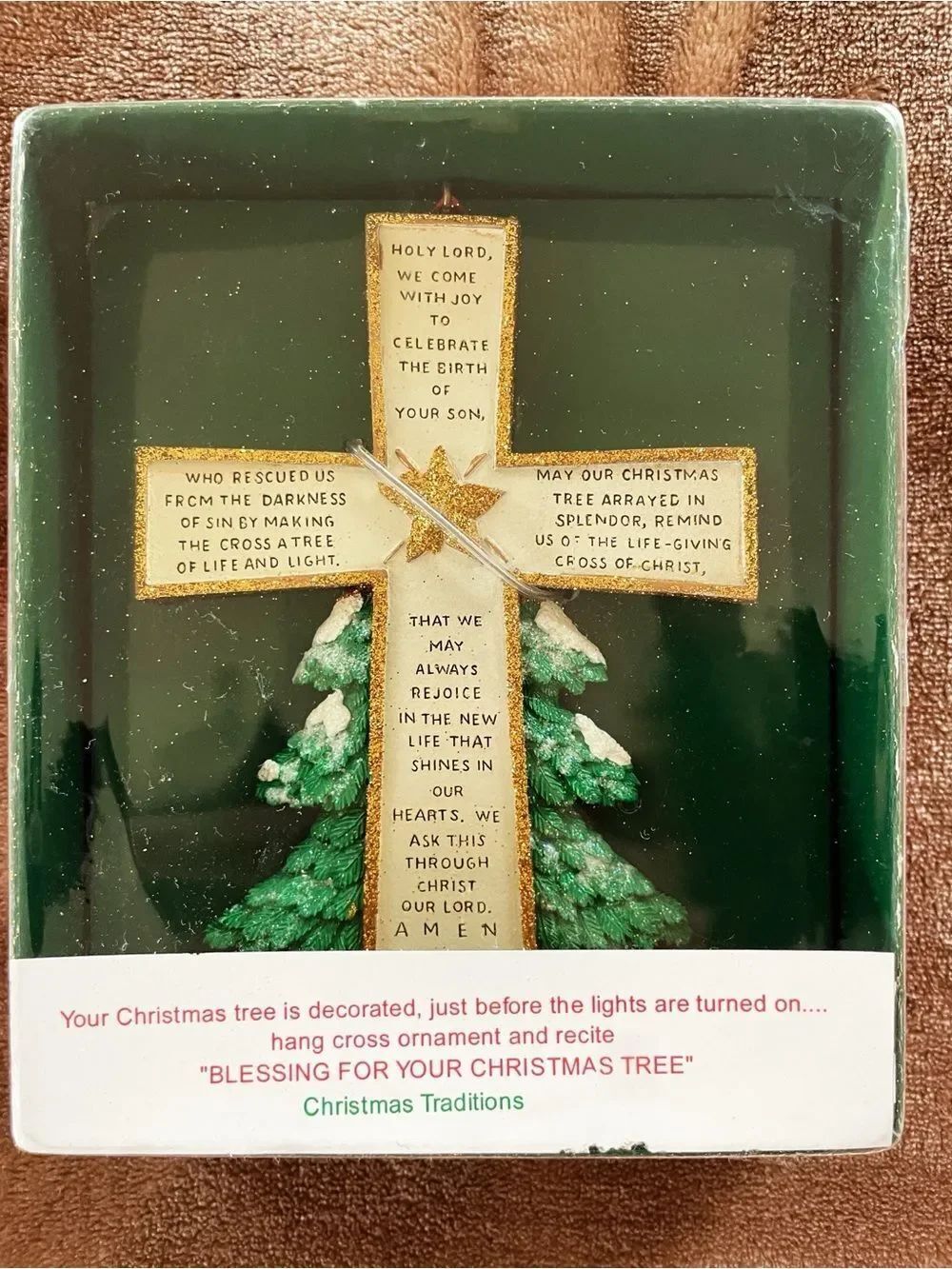 Kurt S. Adler Green Cross Tree Ornament - Blessing for Your Christmas Tree